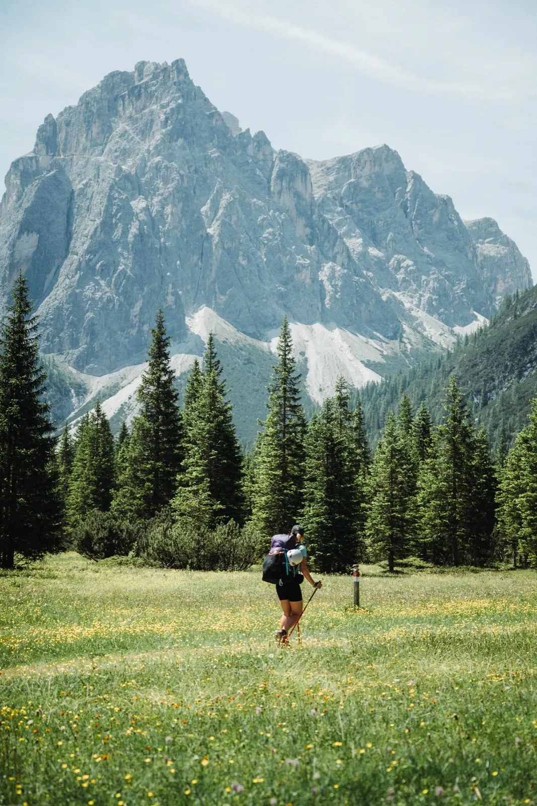 First steps on a meadow with a view of a rocky massif