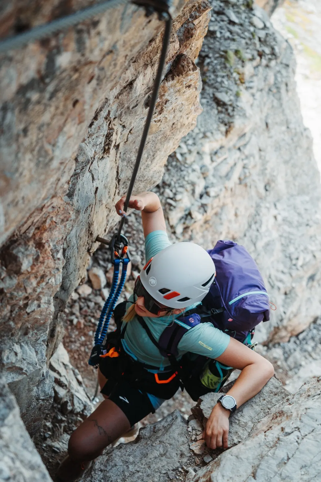 Climbing through a rock chimney