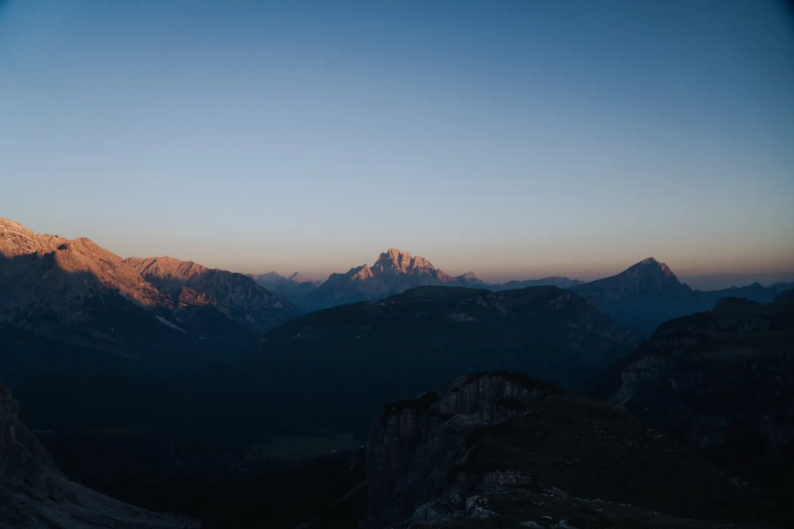 A quiet morning view of the Dolomite panorama in soft light