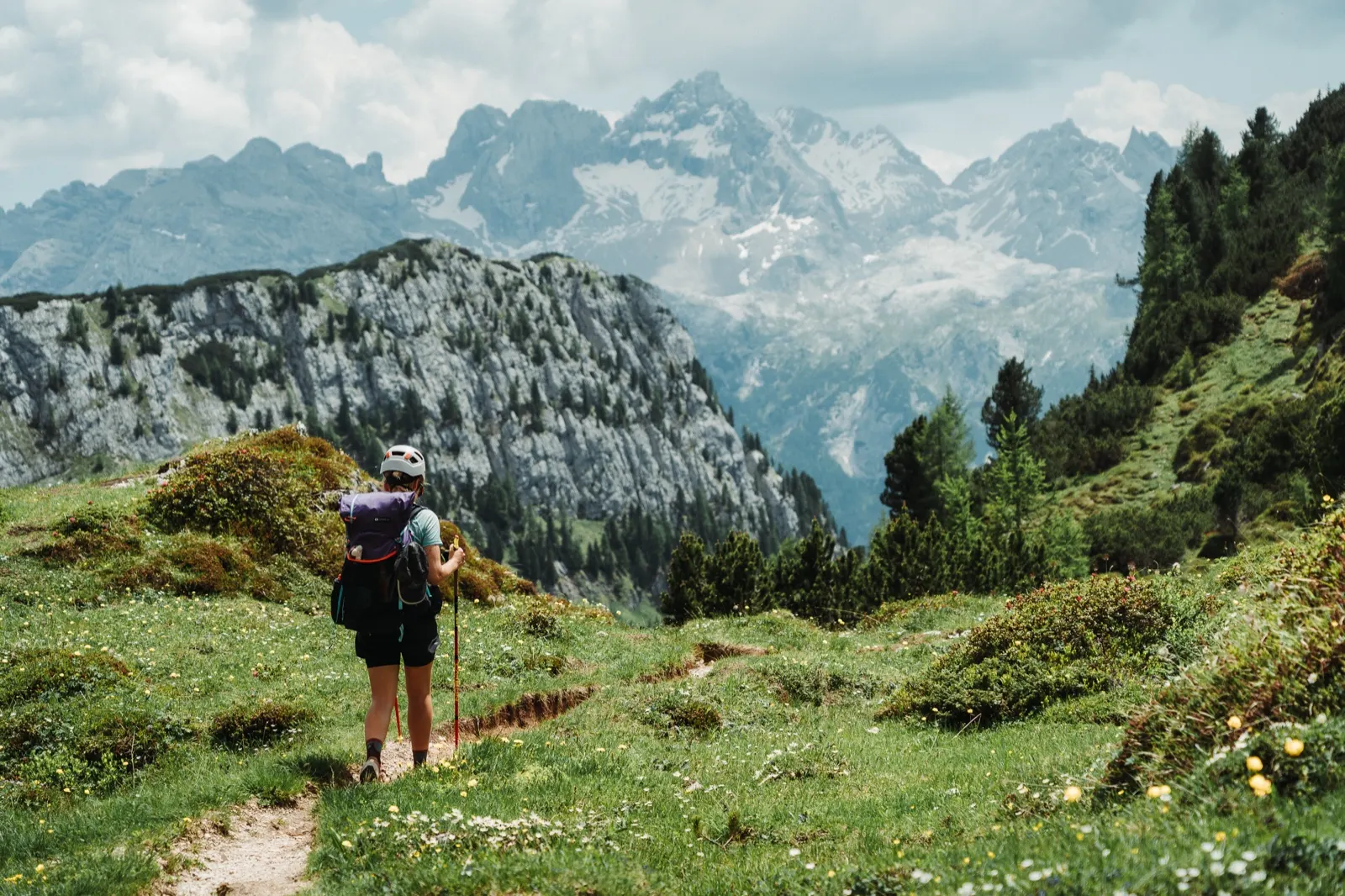 Hiker walking along a flowery path with rocky peaks in the background