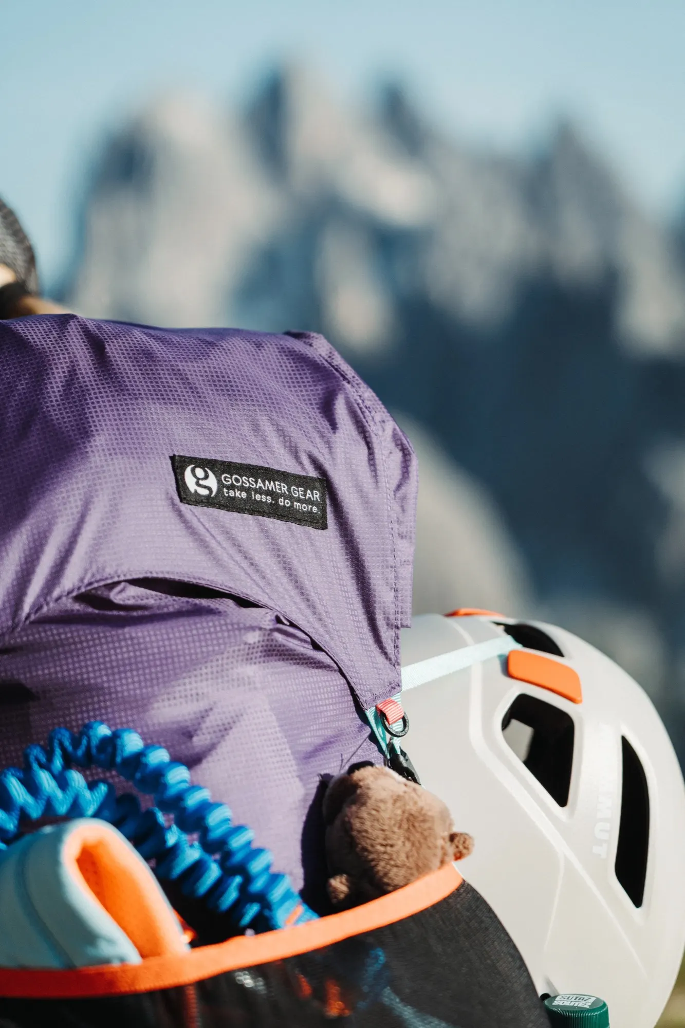 Close-up of the Gossamer Gear logo on a purple Gorilla 50